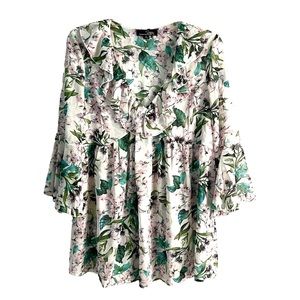 Suzanne Betro Floral Babydoll Top Ruffle Sleeve Green White Size S